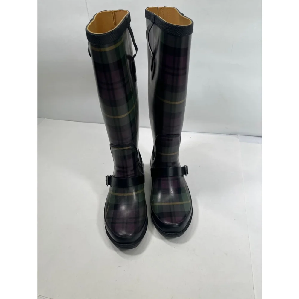 L.L.Bean Women's Green and Purple Plaid Rain Tall Boots Size‎ 7 Wellies Rubber